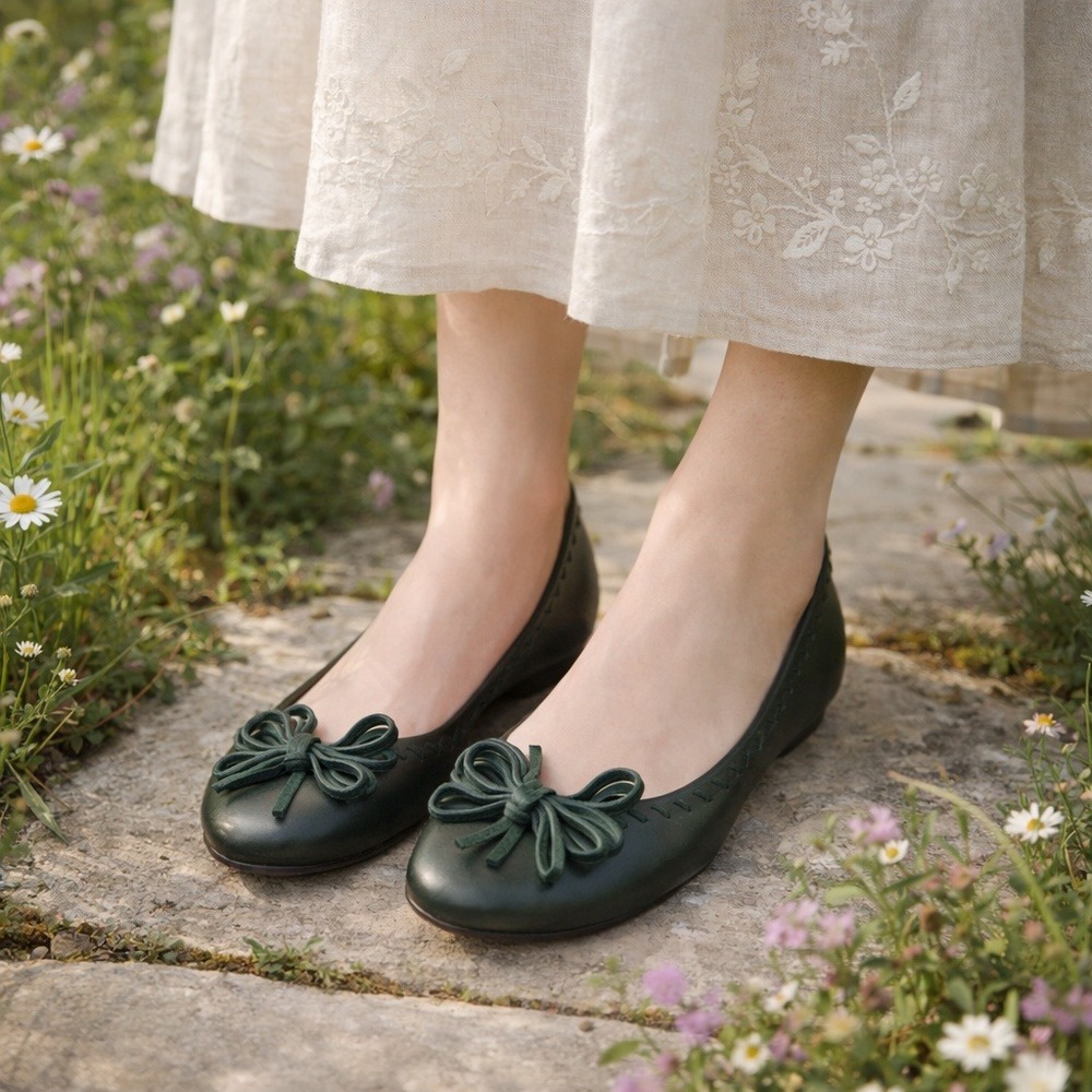Cottagecore Boho Antonio Melani Green Leather Bow Ballet Flats Wedge Shoes 8.5M